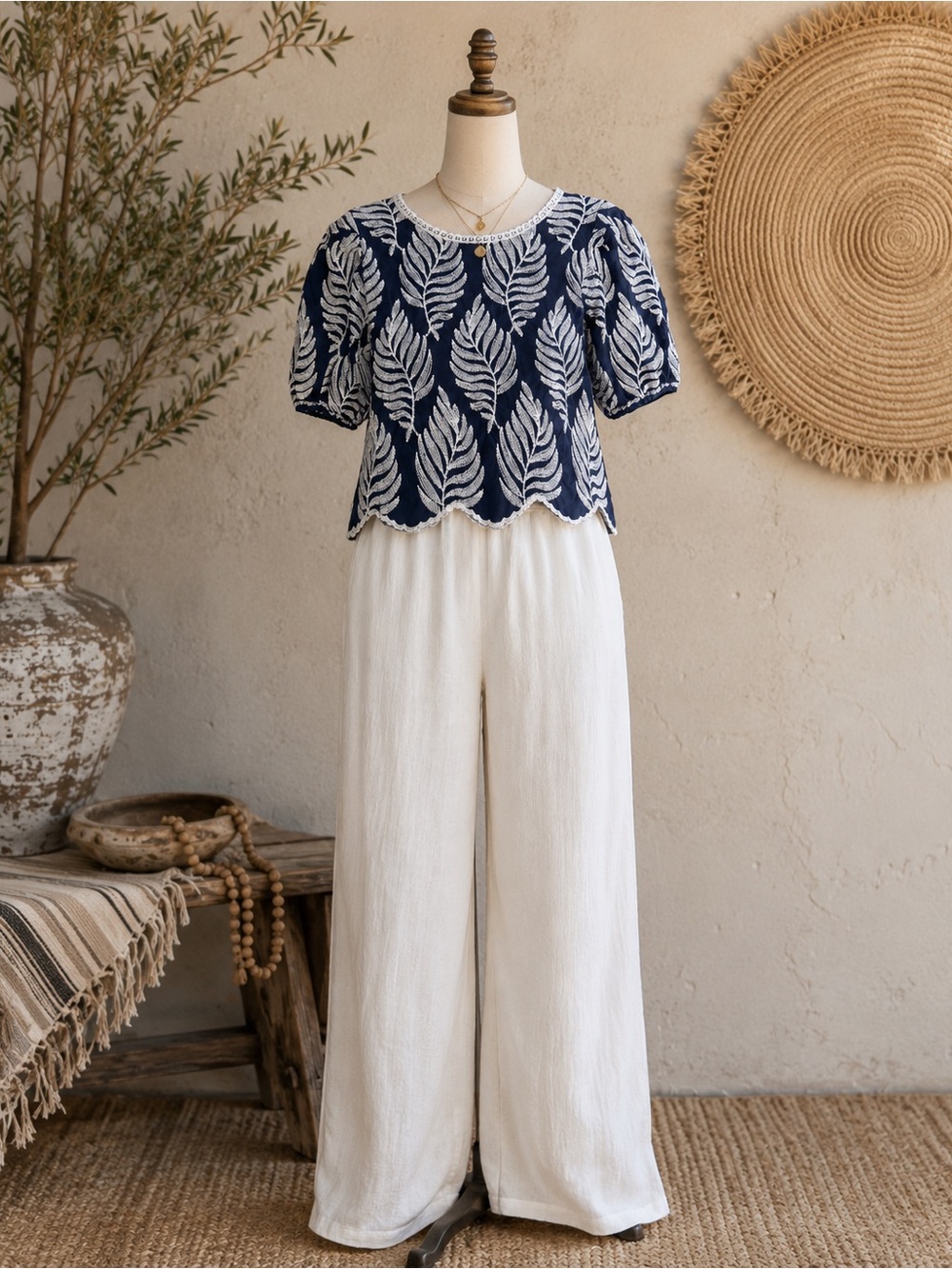 Solitaire Navy and White Leaf Embroidered Top - Size Small -